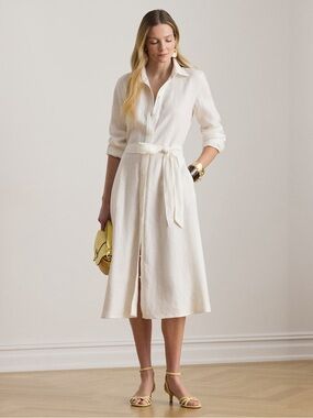 New 120 Lino Linen Italian V-Neck Shirt Dress with Belt Ecru Sz 42 12 US